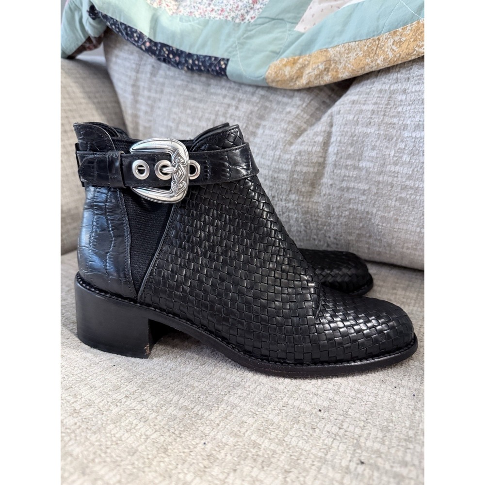 Vintage BRIGHTON Woven Leather Ankle Boots 7M Black Basketweave Buckle Brazil